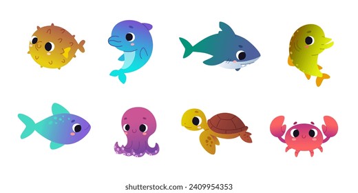 Cartoon underwater baby animals set. Vector collection of cute sea creatures for kids.