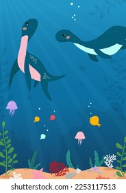 Cartoon underwater background with cute plesiosaurs. Flat style under the sea scene with dinosaurs. Colorful dino template for photo frame, party invitation, poster. Vector illustration