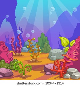 Cartoon underwater background. Ocean bottom nature. Vector illustration.