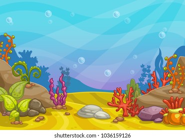 Cartoon underwater background. Ocean bottom nature. Vector illustration.