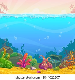 Cartoon underwater background. Ocean bottom nature. Vector illustration.