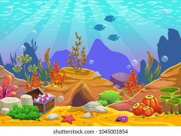 Cartoon underwater background. Ocean bottom nature. Vector illustration.