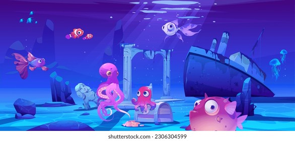 Caricatura bajo el agua con peces del mar, barco hundido, ruinas antiguas y tesoro. Ilustración vectorial de fondo marino con fauna marina, buque dañado, estatua de piedra antigua y pilares