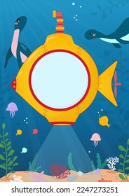 Cartoon underwater background with yellow submarine and dinosaurs. Flat style under the sea world explorin concept. Cute dino template for photo frame, party invitation, poster. Vector illustration 
