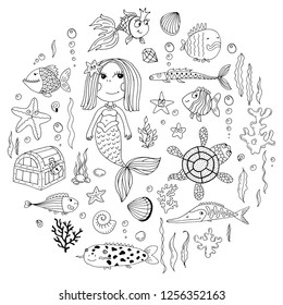 Cartoon underwater characters and objects. Hand-drawn, doodles marine life. Vector illustration for coloring. For the design of children's books, clothes and other baby supplies.