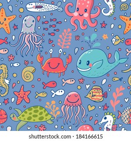 Cartoon underwater concept background with crab, fishes, whale, turtle, octopus, seahorse, corals and other marine elements. Seamless pattern can be used for wallpapers, web page backgrounds.