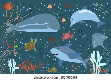 Cartoon underwater concept background. Sea world, cute fish and marine life, algae. Whale, dolphin, shark, turtle, crab, stingray