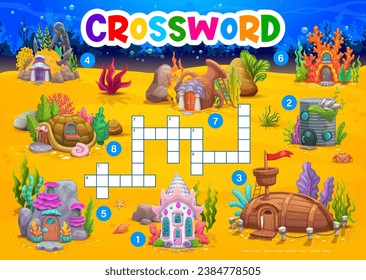 Cartoon underwater crossword quiz game worksheet, undersea landscape with house buildings, vector grid. Kids crossword quiz with underwater houses and dwelling shelters in seashell and sunken ship