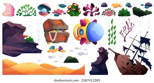 Cartoon underwater environment elements collection. Vector isolated sunken pirate ship and chest with gold and jewels, coral reefs and seaweeds, starfishes and shells, seafloor sand and rocks