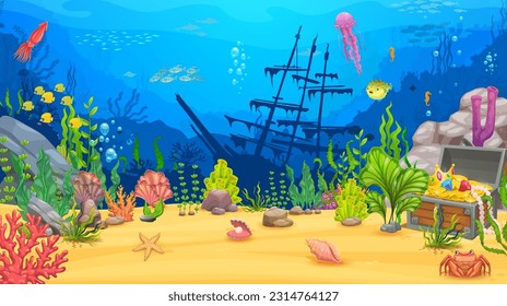 Cartoon underwater game landscape. Sea level with seaweeds, silhouette of ship, treasure chest, animals and fish. Ocean deep wildlife background, sea animals, algae, sunken caravel vector background