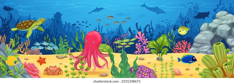 Cartoon underwater game landscape with undersea animals and fishes, vector background. Underwater world adventure game landscape with funny octopus, sea turtle and dolphins with manta rays in ocean