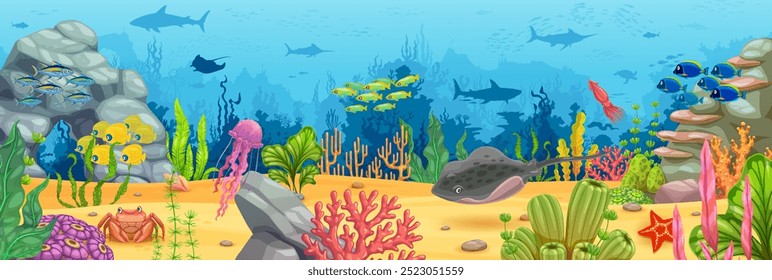 Cartoon underwater game map landscape with sea plants and animals. Jellyfish, stingray, crab, starfish and fishes between seaweeds. Vector coral reef, vibrant marine life level, interface background