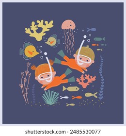 Cartoon underwater illustration with cute children's diving with snorkel and surrounded by Sea creatures. Hand drawn vector illustration. For kids 
