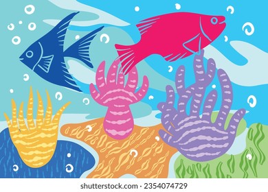 Cartoon underwater landscape in abstract style. Ocean and underwater world game level vector background with coral reef fish and marine animals. Underwater bottom with seaweed, starfish