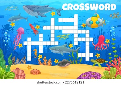 Cartoon underwater landscape and animals crossword quiz game grid. Vector puzzle with whale, dolphin, seahorse, jellyfish and octopus. Shark, turtle, stingray or squid with crab or submarine worksheet