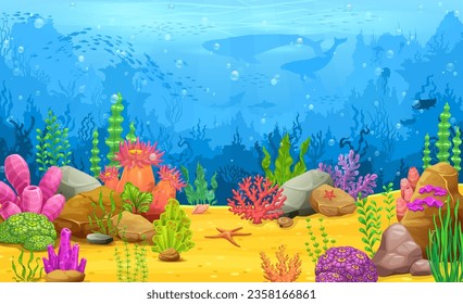 Panorama submarino de dibujos animados, mapa de nivel de juegos en arcade. Escenario de animales y plantas oceánicas, fondo de vectores de fauna y flora profundas de los océanos con plantas de coral y algas marinas, siluetas de ballenas, delfines y peces en calzado