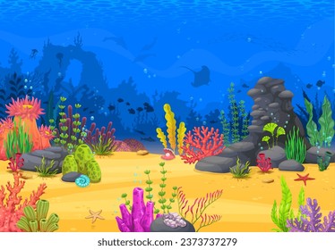 Panorama submarino de dibujos animados, fondo vectorial de nivel de juegos de arcada con arrecife de coral tropical y animales oceánicos. Olas de agua de mar, peces y delfines, algas, medusas, pez estrella y conchas marinas, activos de caza