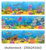 Cartoon underwater landscape banners, sea game level backgrounds with sunken ship, animals and seaweeds. Vector ocean bottom landscape with bright undersea biodiversity, treasure and shipwreck boat