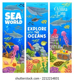 Cartoon underwater landscape banners with sea bottom, sunken ship, whale, turtle, fish shoal, treasure chest, tropical corals and seaweed plants. Vector banners of world ocean day