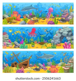 Cartoon unter Wasser Landschaft Banner, Meer Spiel Ebene Hintergründe mit gesunkenen Schiff, Tiere und Algen. Vektor Meeresboden Landschaft mit heller Untersee Biodiversität, Schatz und Schiffbruch Boot