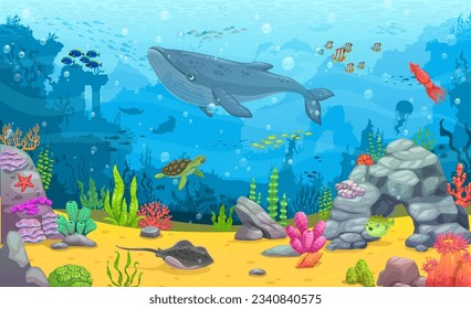 Cartoon underwater landscape. Blue whale, fish shoals and sea animals between seaweeds. Vector background for game or wallpaper with turtle, stingray, puffer fish and squid at seafloor with ruins