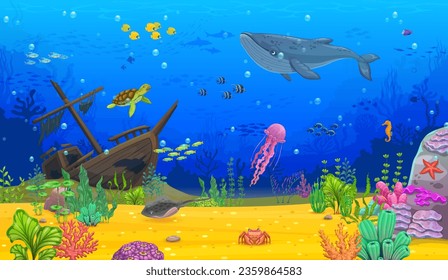 Caricatura bajo el agua. Ballena azul, tortuga, caldo de pescado y medusas, estingrises y estepas en algas y fondo de coral. Fondo vectorial de las olas de agua de mar, barco hundido y animales marinos