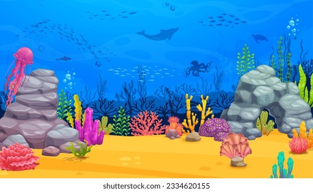 Cartoon underwater landscape with fish shoal silhouettes and seaweeds. Ocean or sea animals and plants scene, underwater life vector background with seaweed, corals and octopus, jellyfish, dolphin