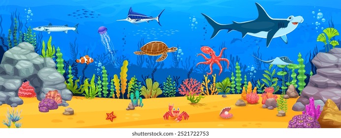 Paisaje submarino de dibujos animados, fondo de juego con animales marinos como un tiburón, bancos de peces y tortugas, pez espada, pulpo y medusas nadando entre algas marinas. Vector Fondo de pantalla o nivel de juego