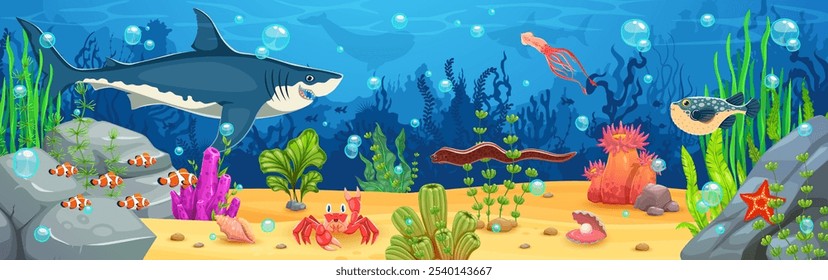 Cartoon Unterwasserlandschaft, Spielhintergrund mit Hai, Tintenfisch, Kugelfisch und Aal Meerestiere und Fischschwarm inmitten von Korallen und Algen. Vektorozeanboden mit vielfältigem Meeresleben, Blasen und Felsen