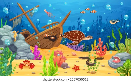 Cartoon underwater landscape game background with sunken ship and turtle, fish shoals and sea animal characters, vector UI asset. Funny sea turtle, squid, crab and seahorse at underwater landscape