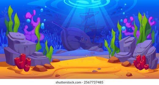 Cartoon underwater landscape game background with sunken pirate ship on tropical coral reef bottom. Vector shipwreck underwater landscape of fish shoals, corals, seaweeds and rocks in blue water