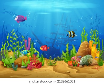 Cartoon underwater landscape, game level. Seaweed, corals, fish school and sunken ship. Vector sea or ocean under water world background, marine sand bottom with coral reef, starfish and bubbles