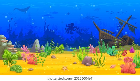 Caricatura submarina, nivel de juego. Escena del mundo marino, fauna marina profunda de los océanos o fondo vectorial de los arrecifes de coral. Subacuáticos animales y plantas de fondo con barco hundido, algas marinas del fondo del océano