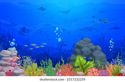 Cartoon underwater landscape, game level. Vector background with sea bottom, fishes, corals, plants, rock and animals. Tropical ocean floor, marine aquatic scene, undersea world with biodiversity