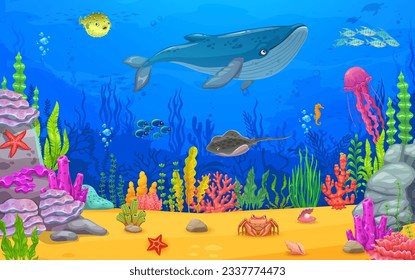 Cartoon underwater landscape, game scene level with sea whale and fish shoals, vector background. Starfish, jellyfish and seaweeds in ocean underwater and undersea world or coral reef landscape