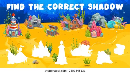 Cartoon underwater landscape with house buildings. Find the correct shadow of dwelling. Similarity search kids playing activity, shadow match vector quiz or silhouette find puzzle with underwater home