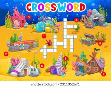 Cartoon underwater landscape with house buildings, crossword quiz game, vector grid. Kids crossword quiz worksheet with undersea world houses and dwelling shelters in coral, seashell and sunken ship