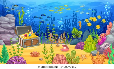 Cartoon Unterwasserlandschaft. Piratenschätze, Fischschwaden und Algen auf dem Sandboden des Korallenriffs. Blaue Meereswellen, Vektorhintergrund, tropische Fische, Sterne, Seepferdchen und Muscheln