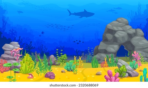 Cartoon underwater landscape with rock arch and seaweeds. Vector background with sea plants, corals reef and animals. Shark, turtle and fish shoal silhouettes in ocean. Water aquatic tropical life