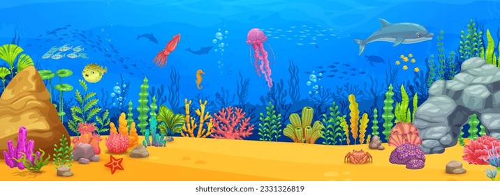 El paisaje submarino de dibujos animados con animales marinos para el fondo del nivel del juego, el mundo submarino vector. Mariscos de arrecife de coral oceánico con delfín, pez estrella o cangrejo y calzado de pescado para el paisaje marino a nivel de caza