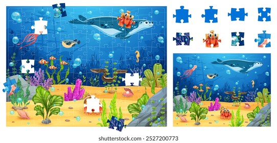 Paisaje submarino de dibujos animados con animales marinos, piezas del juego del rompecabezas. Hoja de trabajo de Vector, actividad divertida y educativa para niños con vida marina nadando entre coloridos arrecifes de coral y plantas