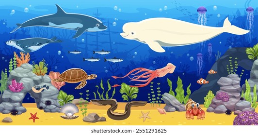 Cartoon underwater landscape with sea animals and sunken ship on ocean bottom vector background. Tropical coral reef fish, dolphin, crab and squid, beluga whale, squid and jellyfish characters