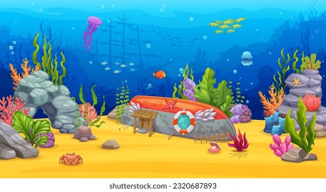 Cartoon underwater landscape, sea bottom with corals, reefs and jellyfish, vector background. Undersea fish shoal, sunken boat house dwelling of marine creature with seaweeds, underwater shelter