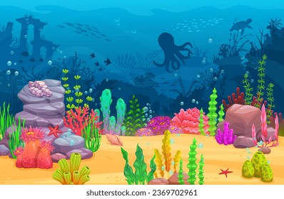 El paisaje submarino de dibujos animados, los animales de agua de mar y el fondo vectorial del nivel de los arrecifes de coral oceánicos tropicales. Olas azules con peces, pulpos, tortugas marinas, estrellas de mar y siluetas de algas, activos de caza