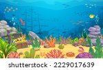 Cartoon underwater landscape with sunken frigate ship. Vector game level background with shipwreck vessel on sea bottom, treasure chest, aquatic plants, coral reef, rocks and animals. Ocean scene