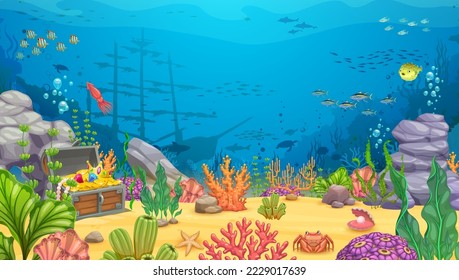 Cartoon underwater landscape with sunken frigate ship. Vector game level background with shipwreck vessel on sea bottom, treasure chest, aquatic plants, coral reef, rocks and animals. Ocean scene