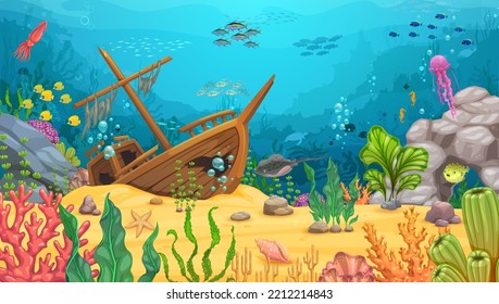 Cartoon underwater landscape with sunken sail ship, vector undersea game level. Shipwreck or pirate frigate wrecks under water of deep sea coral reef with fishes, octopus or jellyfish in ocean seaweed