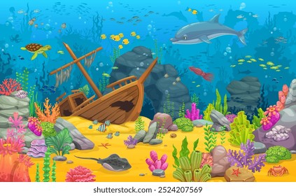 Cartoon underwater landscape with sunken ship, game map background with seaweeds and sea animals. Vector ocean bottom level location with shipwreck scene, coral reefs, fishes and tropical marine life