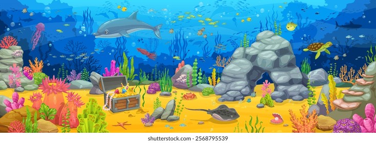 Cartoon underwater landscape with treasure chest, sea animals and seaweeds. Game level vector background of underwater tropical ocean or aquarium landscape with fish, dolphin, jellyfish, corals, crab