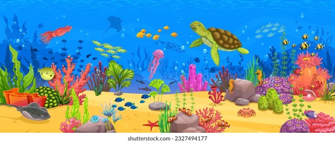 Cartoon underwater landscape with turtle and fish shoal, seaweeds, corals and reefs. Underwater aquatic life landscape, coral reef water world background or sea deep wildlife vector scene or wallpaper